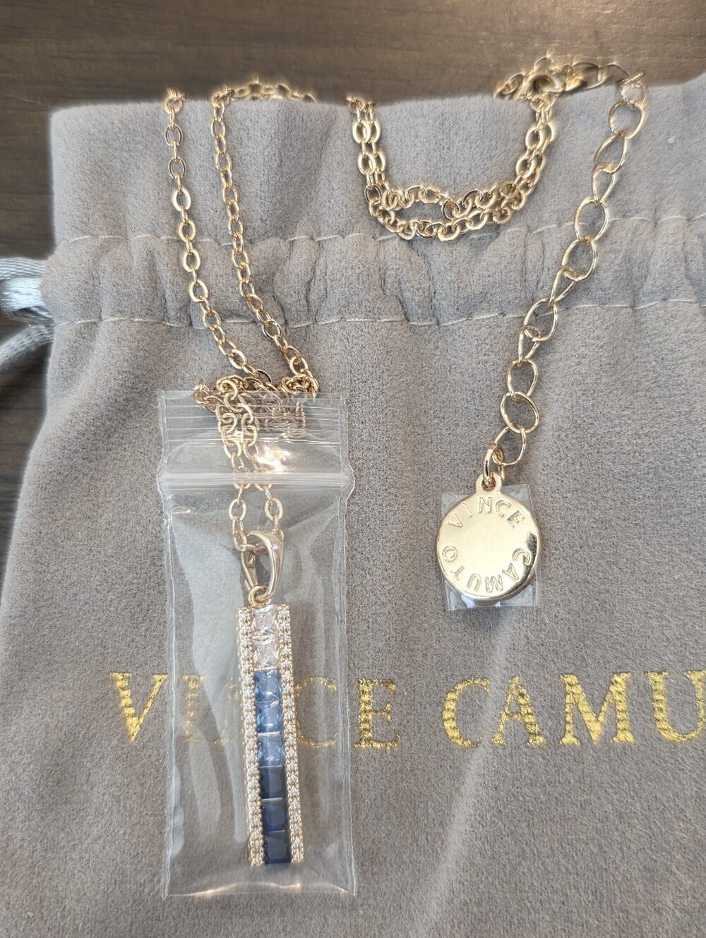 New Vince Camuto Gold-Tone Necklace with Blue and Clear Ombre Bar Pendant